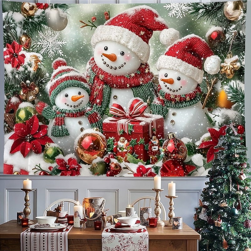 Chrismas Hanging Tapestry Snowman Candy Cane Christmas Tree Ornament Balls Large Wall Art Mural Decor Blanket Curtain Holiday Home Bedroom Living Room Festive Party Decoration2