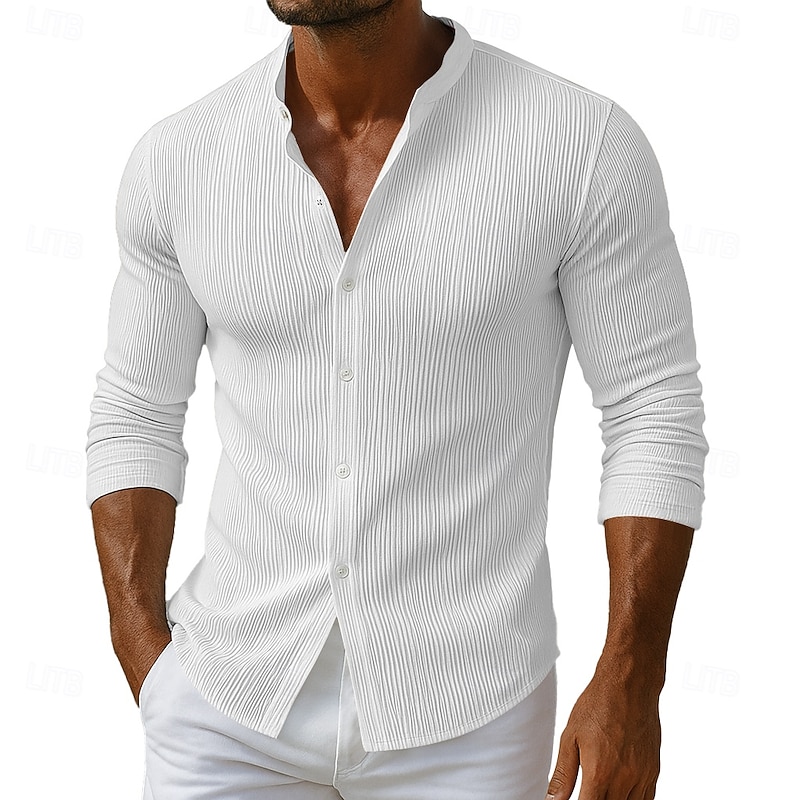 Men's Casual Shirt Button Up Shirt Black White Wine Purple Long Sleeve Plain Stand Collar Lapel Outdoor Vacation Jacquard Clothing Apparel Fashion Casual Shirts Comfortable