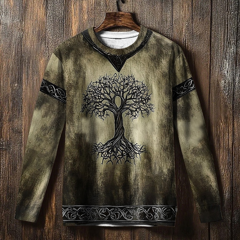 Men's Sweatshirt Blue Green Khaki Crew Neck Tree Of Life Yggdrasil Celtic Knot Print Casual Daily Holiday Vintage Viking Fall Winter Clothing Apparel Hoodies Sweatshirts2