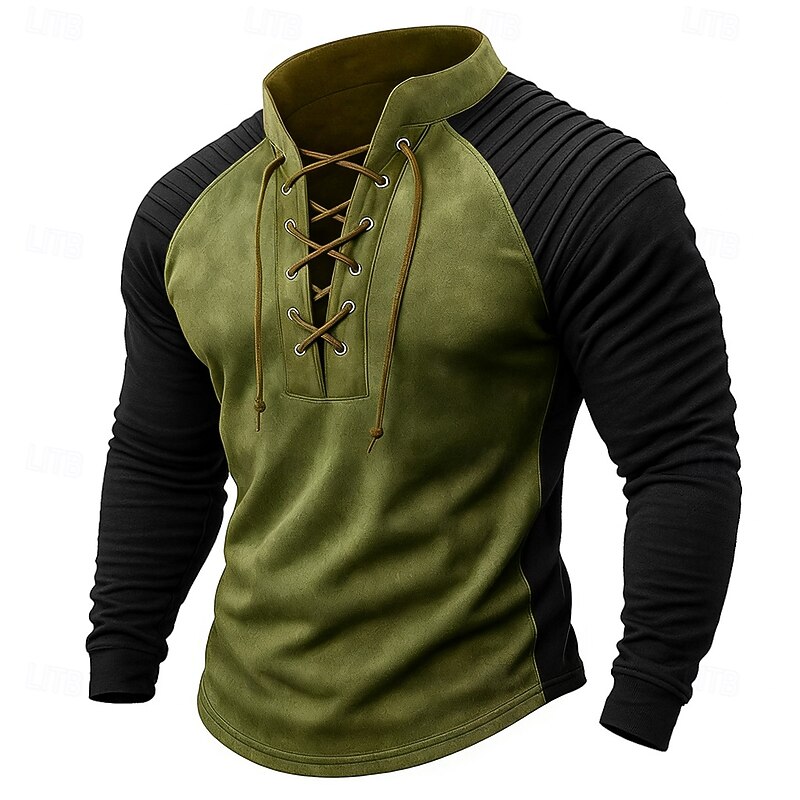 Men's T Shirt Long Sleeve Stand Collar Fall Winter Spring &  Fall Color Block Vintage Fashion Daily Drawstring Outdoor Causal Casual Brown Gray Green Top Tee for Men