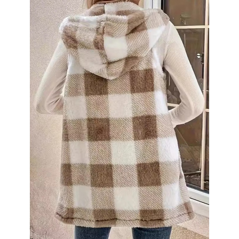Women's Winter Coat Fleece Vest Sherpa Jacket Comfortable Breathable Print Casual Plaid Vacation Street Casual Daily Wear Open Front Regular Hooded Regular Fit Sleeveless Outerwear Khaki Spring Fall4