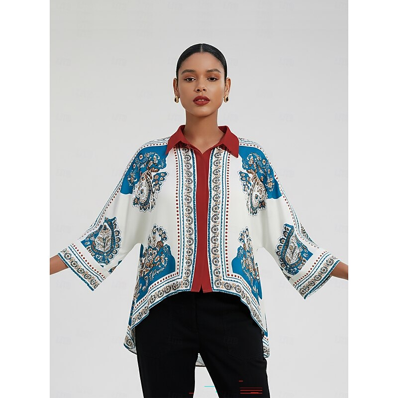Women's Blouse Smooth Satin Bohemian Placement Print Dolman Sleeve Button Down Short Shirt3