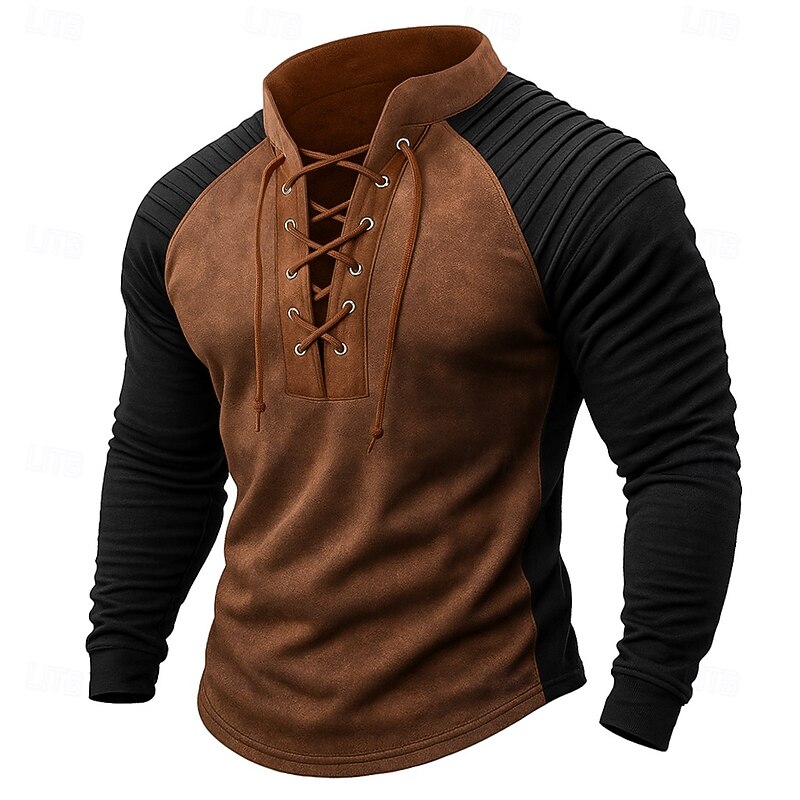 Men's T Shirt Long Sleeve Stand Collar Fall Winter Spring &  Fall Color Block Vintage Fashion Daily Drawstring Outdoor Causal Casual Brown Gray Green Top Tee for Men4