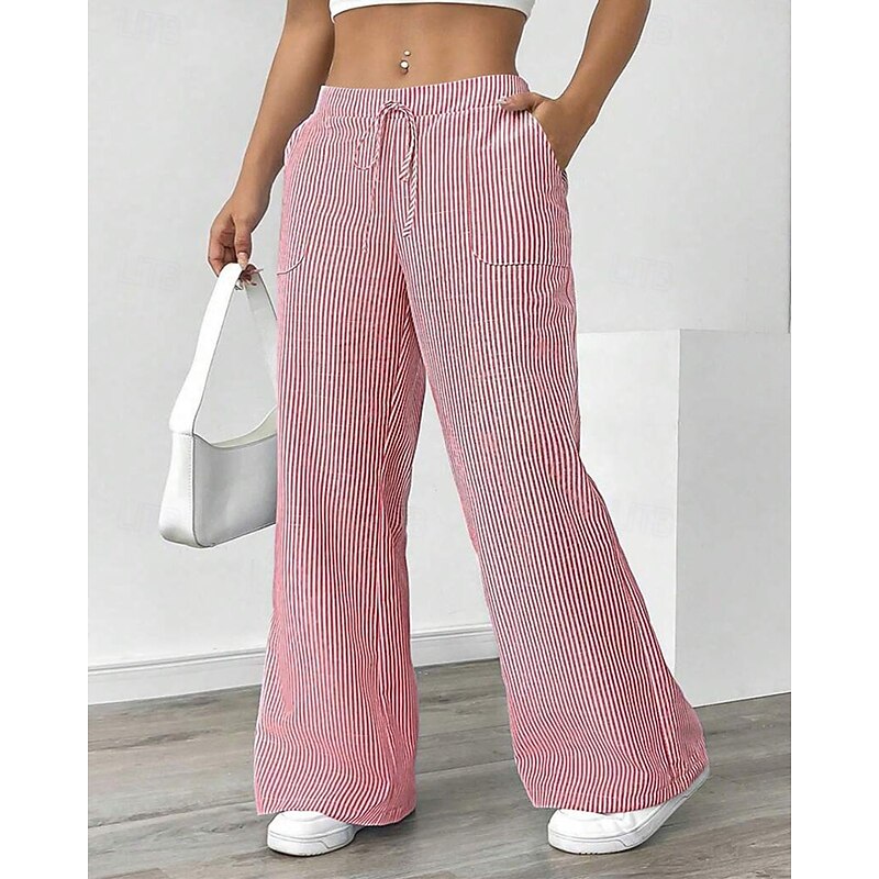 Women's Culottes Wide Leg Chinos Vacation Streetwear Casual Full Length Medium Waist Striped Drawstring Pocket Comfortable Micro-elastic Outdoor Vacation Daily Yellow Red Sky Blue ash-colored Spring3