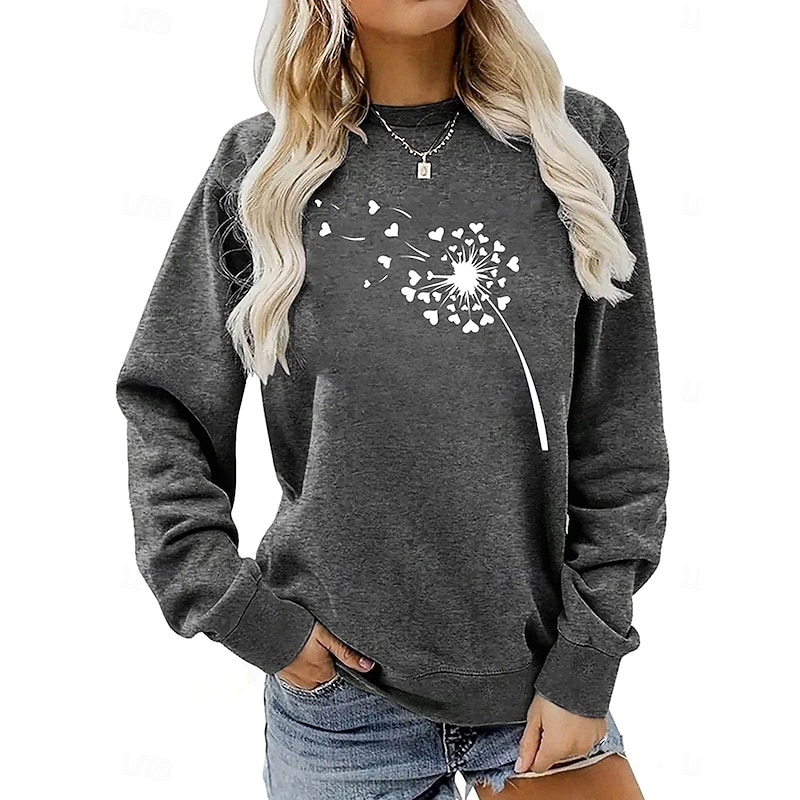 Women's Pullover Sweatshirt Heart Floral Graphic Fashion Casual Long Sleeve Crew Neck Regular Tops Street Dailywear Casual Print Black Light Grey Dark Gray Gray Fall Winter