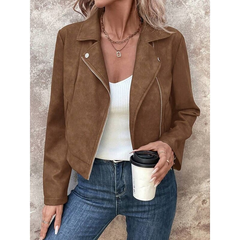 Women's Casual Jacket Comfortable Breathable Zipper Casual Plain Vacation Street Casual Daily Wear Zipper Short Turndown Regular Fit Long Sleeve Outerwear Pink Fuchsia Brown Spring Fall2