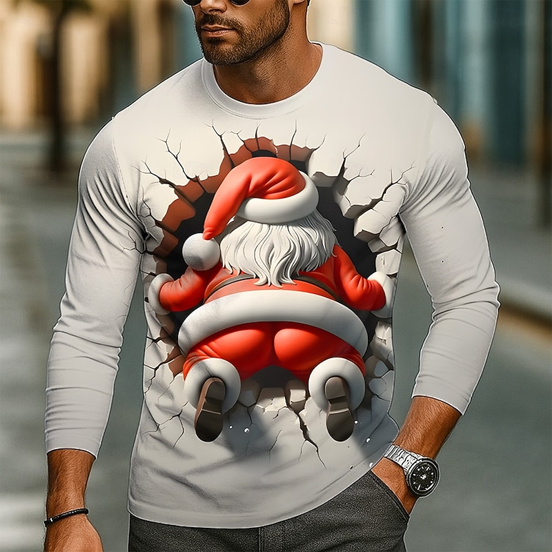 Christmas Men's Santa Claus Funny T Shirt Long Sleeve T shirt 3D Print Crew Neck Shirt Fashion Basic 3D Street Casual Daily Red Blue Summer Spring Clothing Apparel S M L XL XXL XXXL