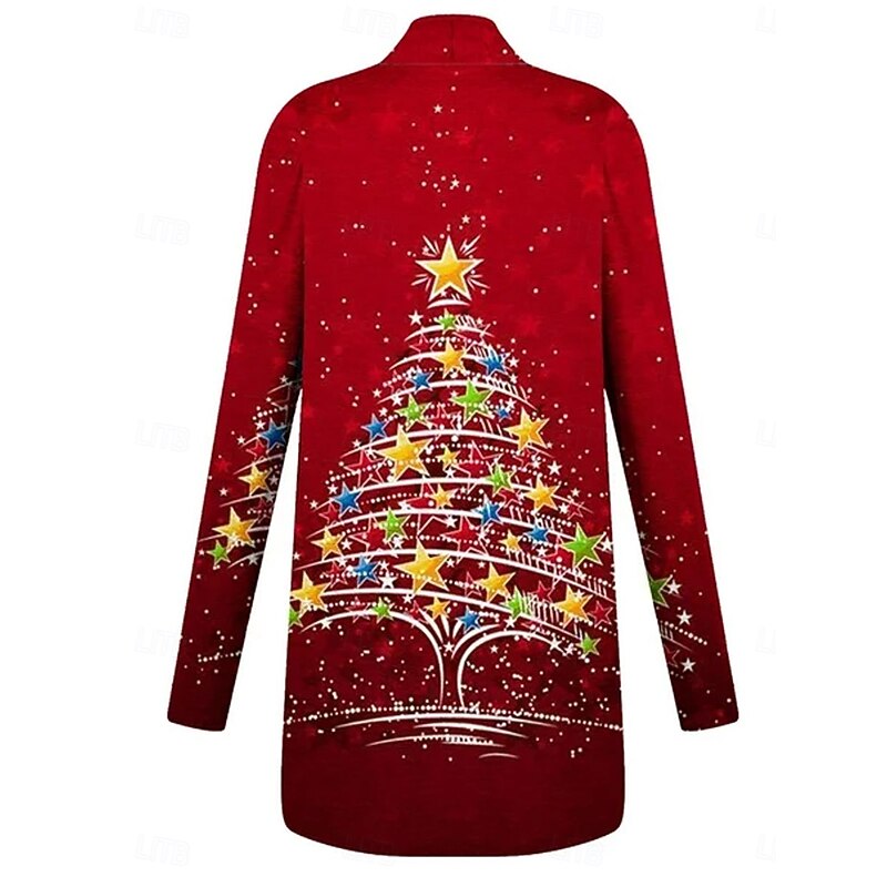 Women's Winter Coat Lightweight Comfortable Print Open Front Vintage Fashion Casual Tree Vacation Casual Long Collarless Loose Fit Long Sleeve Outerwear Red Spring Fall4