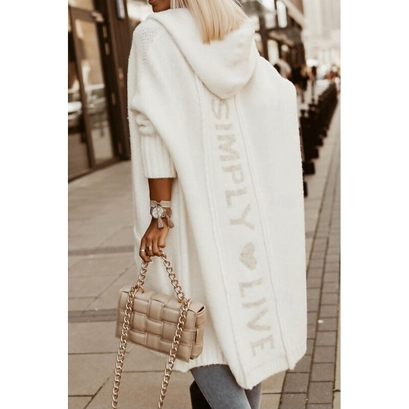 Women's Sweater Cardigan Elegant Fashion Streetwear Letter Hooded Pocket Knitted Long Sleeve Long Tops Knit Outdoor Daily Weekend White Pink Fall Winter2
