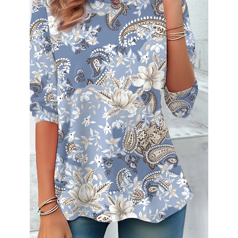 Women's Blouse Floral Graphic Paisley Vintage Tropical Stylish Long Sleeve Crew Neck Regular Tops Daily Print Dusty Blue Spring Fall Winter3