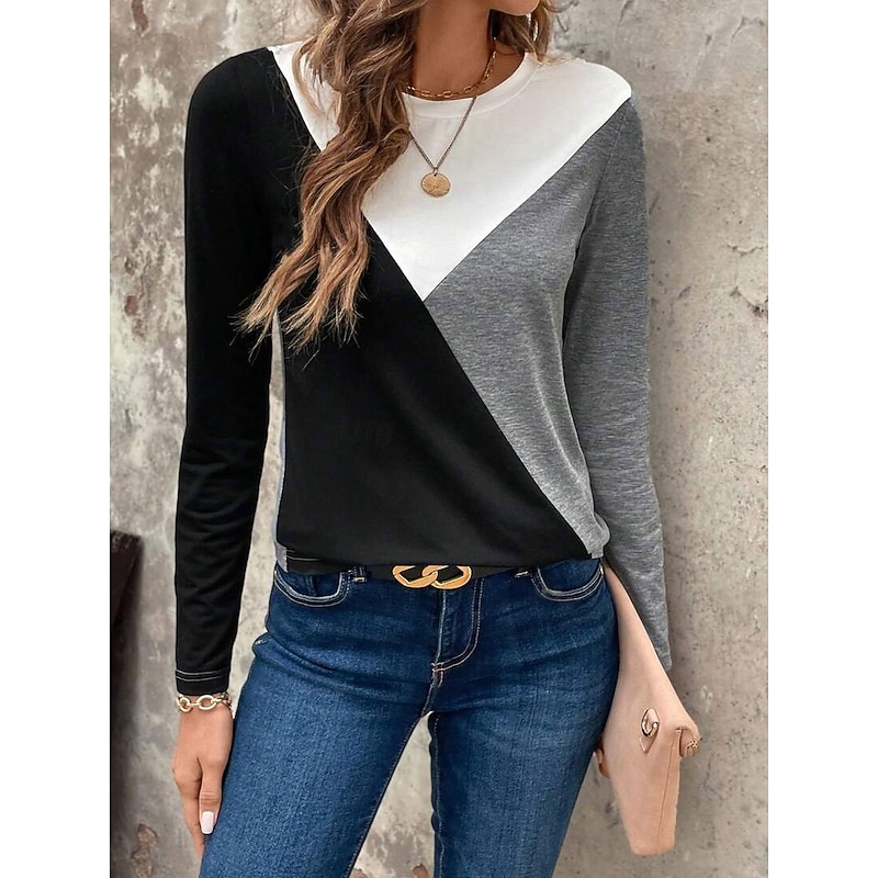 Women's T Shirt Graphic Geometric Vintage Stylish Classic Long Sleeve Crew Neck Regular Tops Daily Print Gray Spring Fall Winter2