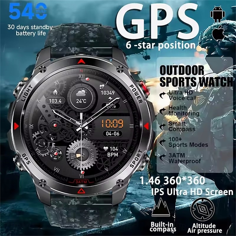 HT37 Smart Watch 1.46 inch Smartwatch Military Bluetooth Call Smart Watch Built-in GPS Compass Barometric Altimeter 3ATM Waterproof Sports Smartwatches2