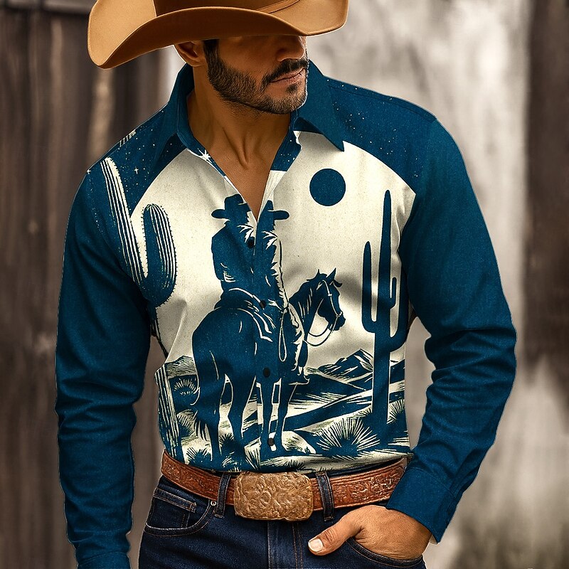 Men's Cowboy Riding Horse Shirt Western Shirt Button Up Shirt Long Sleeve Vintage Retro Outdoor Casual WorkWear Spring Fall Turndown 3D Print Collared Shirts Red Blue Green
