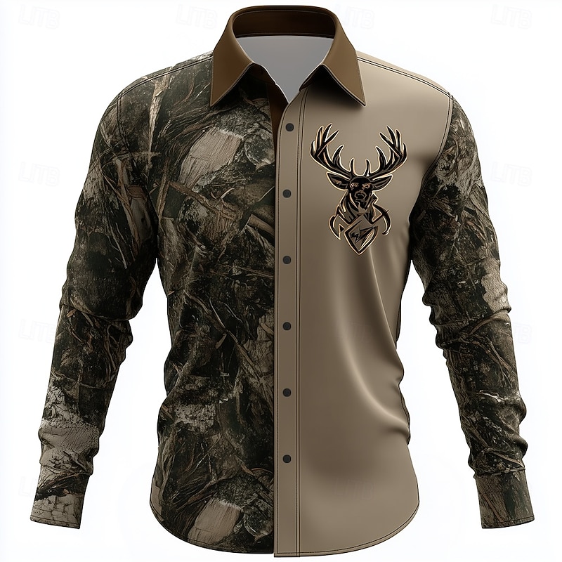 Men's Camo Reindeer Camouflage Shirt Button Up Shirt Long Sleeve Vintage Retro Outdoor Camping & Hiking Hunting Spring Fall Turndown 3D Print Collared Shirts Camouflage khaki Army Green Khaki3