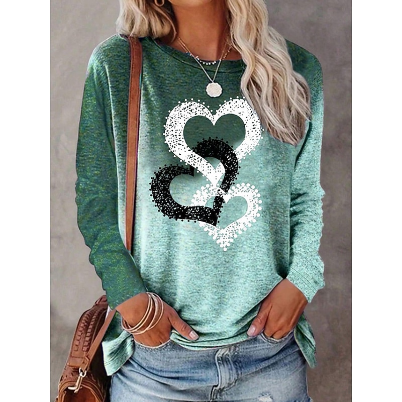 Women's T Shirt Heart Graphic Vintage Stylish Classic Long Sleeve Crew Neck Regular Tops Daily Print Blue Purple Green Spring Fall Winter3