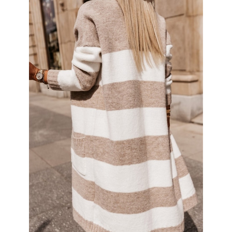 Women's Sweater Cardigan Elegant Fashion Streetwear Striped Open Front Knitted Long Sleeve Long Tops Knit Outdoor Daily Weekend Pink Blue Fall Winter