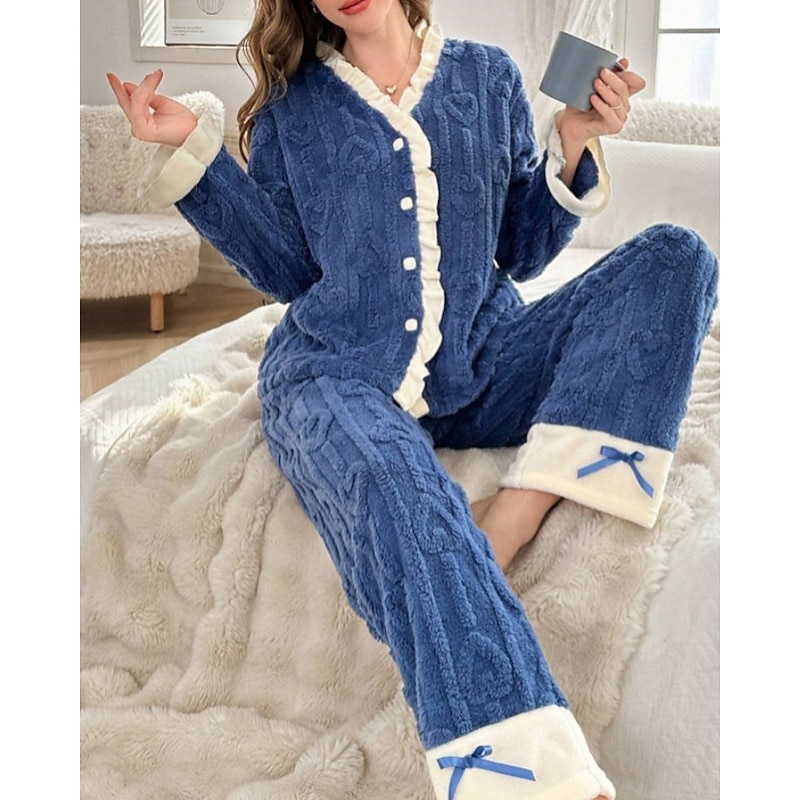 Women's Pajamas Loungewear Pajama Set 2 Pieces Comfort Soft Patchwork Elastic Waist Buttons Pant Home Daily Bed Long Sleeve V Neck Dark Blue Fall Winter2