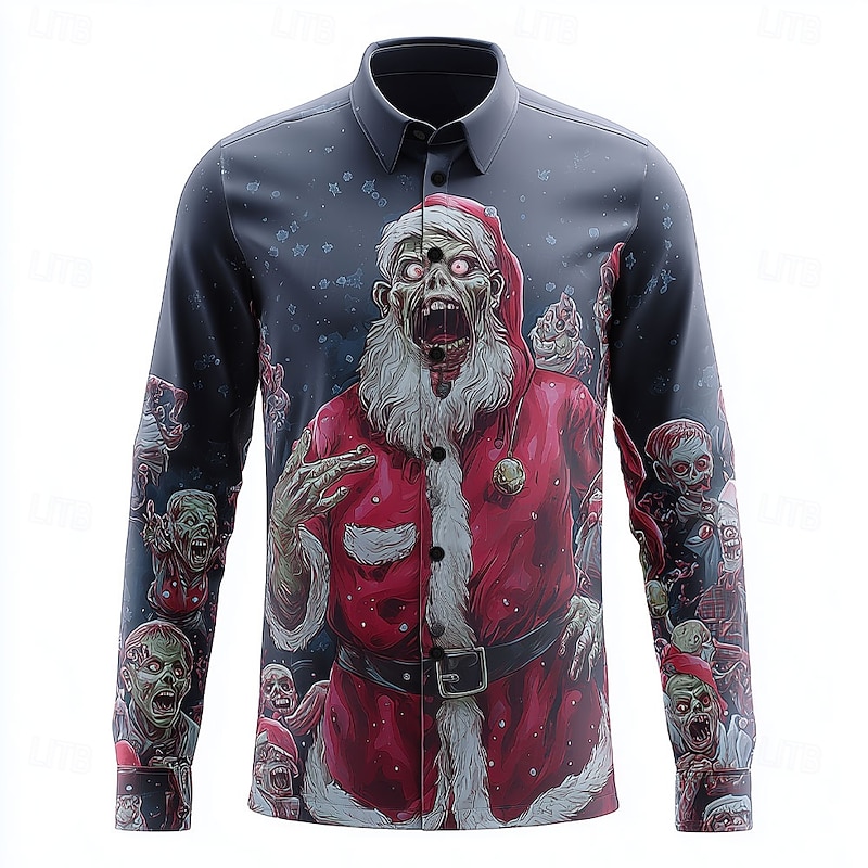 Halloween Men's Santa Claus Zombies Horror Shirt Button Up Shirt Long Sleeve Dark Punk Gothic Style Outdoor Holiday Summer Spring Turndown 3D Print Collared Shirts Light Grey Dark Blue Light Blue3