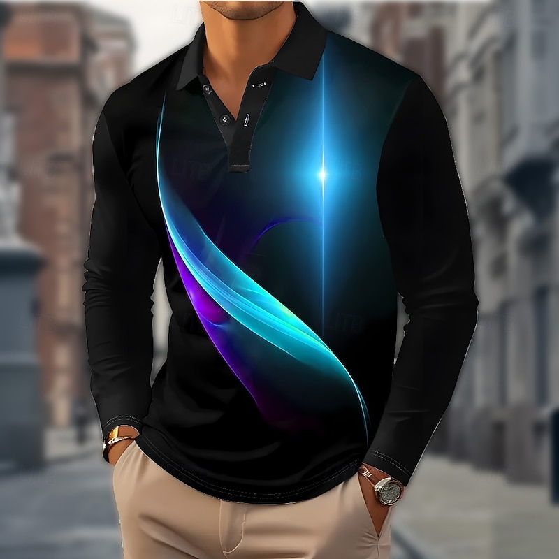 Men's Geometric Abstract Polo Long Sleeve Polo Shirts Lapel Casual Outdoor Street Athleisure Daily Wear 3D Print Buttons Spring Fall Winter Lake blue Yellow Blue