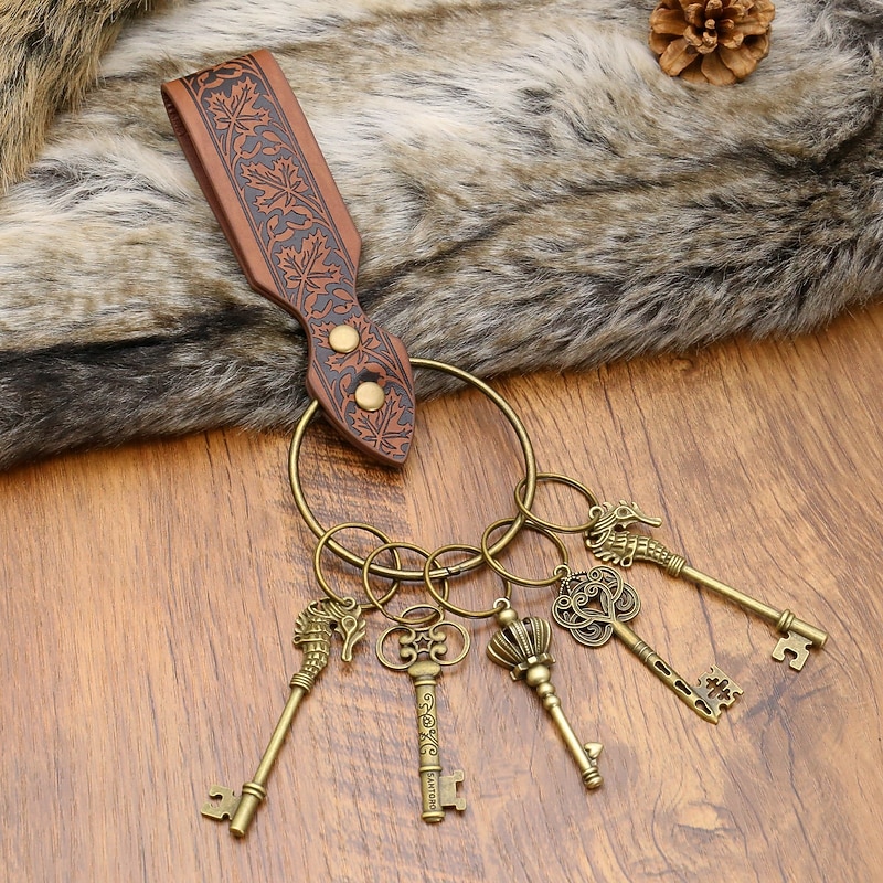 Retro Vintage Medieval Renaissance Keys Set with PU Keychain Viking Celtic Knight Fancy Dress Unisex Viking Fantasy Halloween Carnival Performance LARP Ren Faire Adults All Seasons
