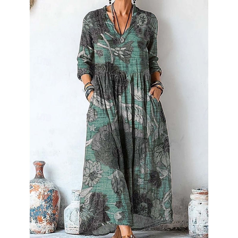 Women's Maxi Dress Sundress Pleated Dress Vacation Casual Boho Going out Beach Graphic Paisley Long Sleeve V Neck Purple Brown Green Gray Spring Fall Winter Autumn3