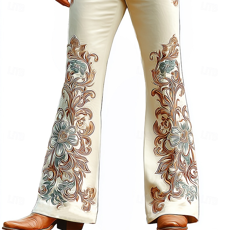 Men's Floral Print Flowers Disco Pants 60s 70s Bell Bottoms Mid Waist Western Vintage Retro Outdoor Vacation Casual Side Pockets Flared Leg Pants Trousers Spring Fall 3D Print Beige2