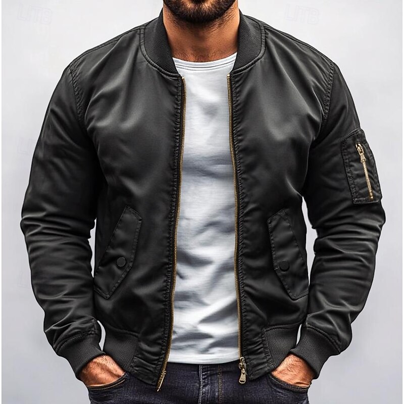 Men's Bomber Jacket Military Jacket Formal Home Windbreaker Pocket Plain Spring Fall Solid Color Active Neutral Collarless Short Black Blue Green Jacket
