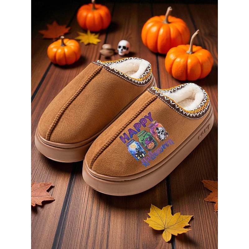 Women's Halloween Fleece Slippers – Cozy Indoor House Shoes with "Happy Halloween" Print, Warm Plush Lining for Home and Holiday Parties3