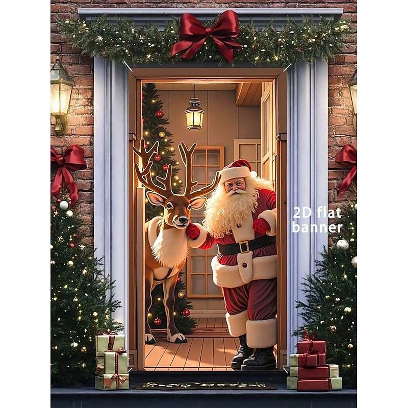 Christmas Door Cover Winter Holiday Decoration Drapes with Santa Claus Reindeer Christmas Tree Print for Cozy Indoor Home Entryway Living Room Bedroom Wall Hanging Festive Home Decor3