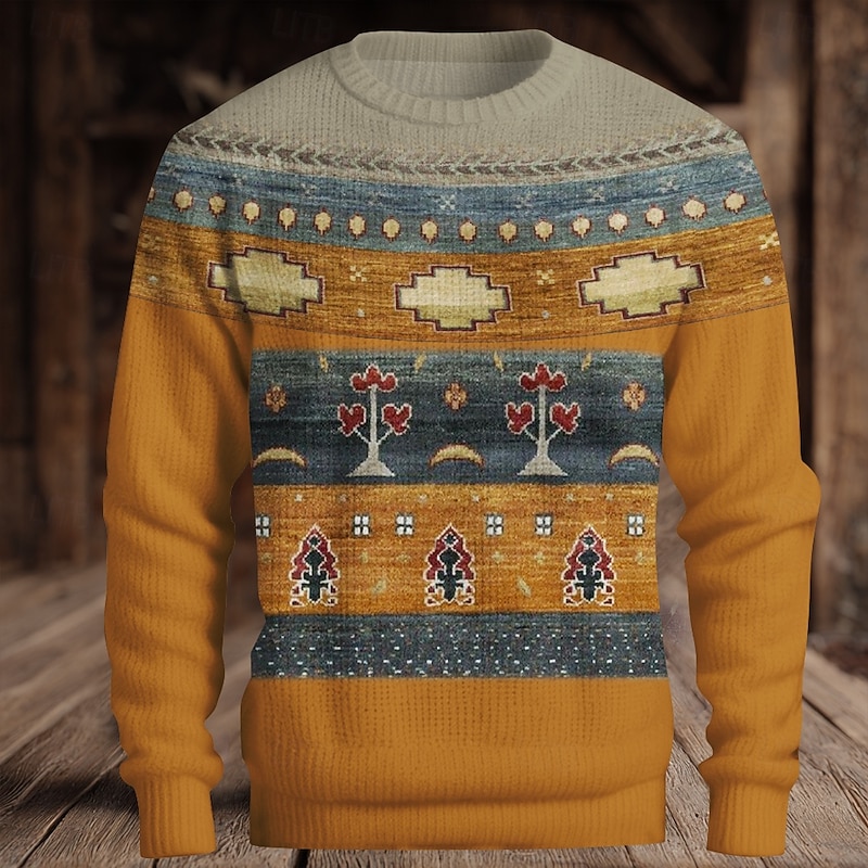 Christmas Men's Fair isle Sweater Pullover Sweater Jumper Knitwear Crewneck Casual Vacation Daily 3D Print Keep Warm Long Sleeve Spring Fall Winter Yellow Red Blue3