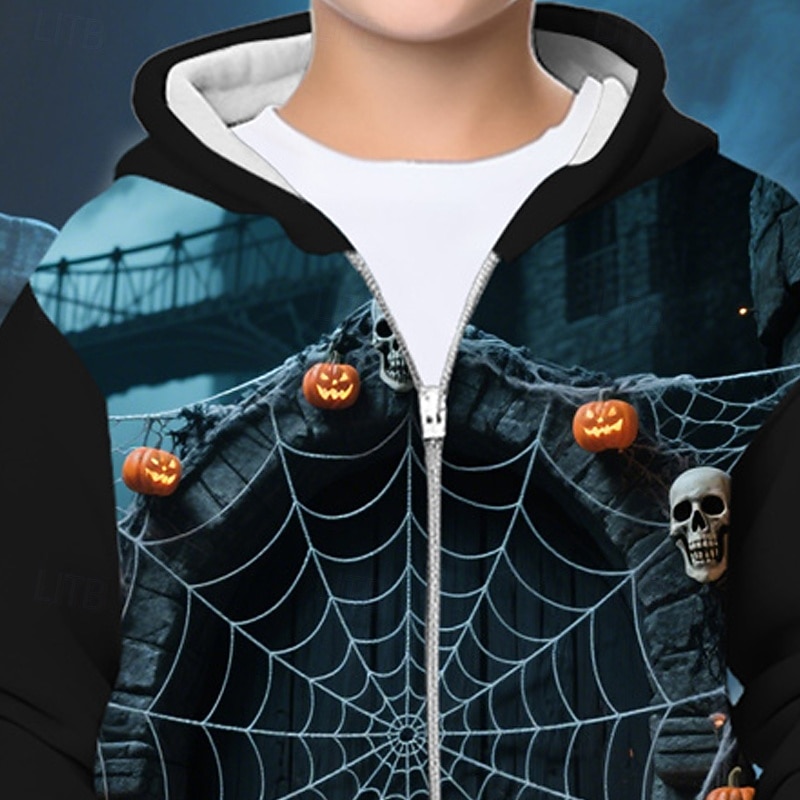 Halloween Boys' 3D Skull Pumpkin Hoodie Coat Outerwear Long Sleeve Spring Fall Adorable Sport Kids 4-12 Years Zip Street Daily Regular Fit2
