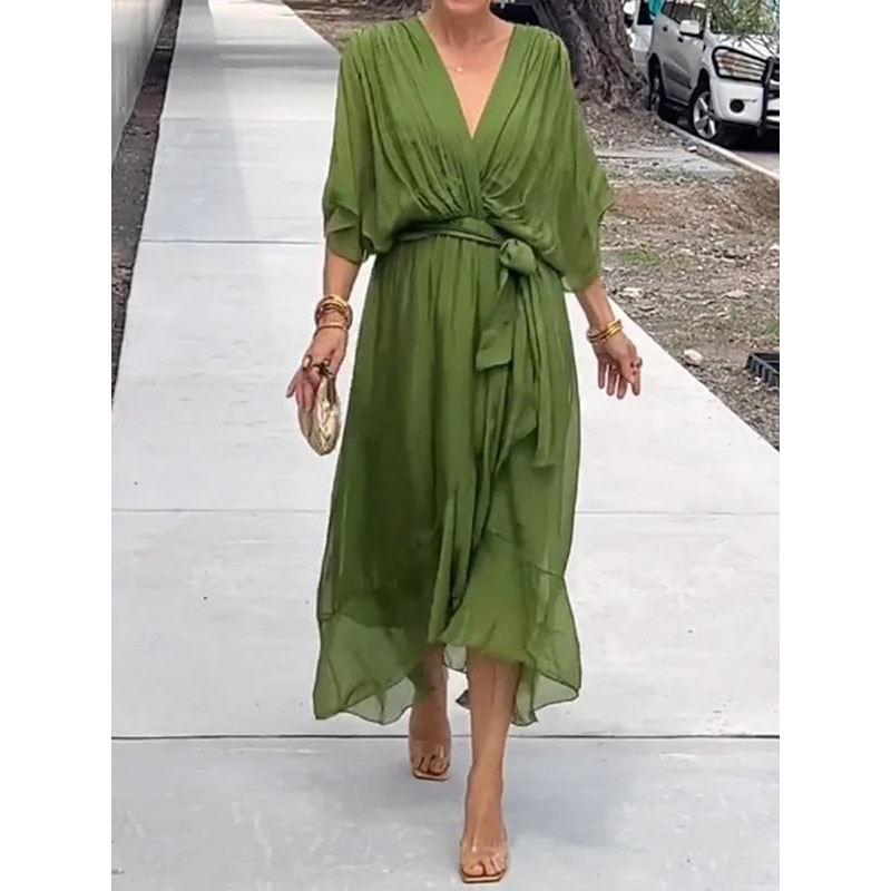 Women's Maxi Dress A Line Dress Casual Daily Regular Fit Plain 3/4 Length Sleeve V Neck Black Blue Orange Green Spring Fall2