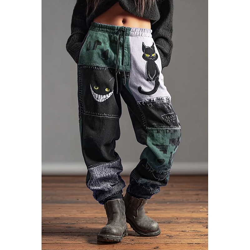 Halloween Cat Women's Culottes Wide Leg Jogging Pants Vacation Vintage Ethnic Style Full Length High WaistPants Drawstring Patchwork Printing Quick Dry Breathability Soft Inelastic Formal Outdoor2
