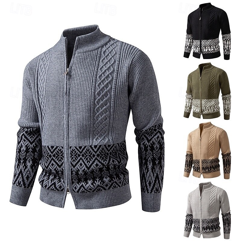 Men's Sweater Cardigan Sweater Fair Isle Sweater Ribbed Cable Knit Regular Tops Patchwork Color Block Plain Stand Collar Vacation Fashion Casual Daily Wear Clothing Apparel Spring &  Fall Black Green