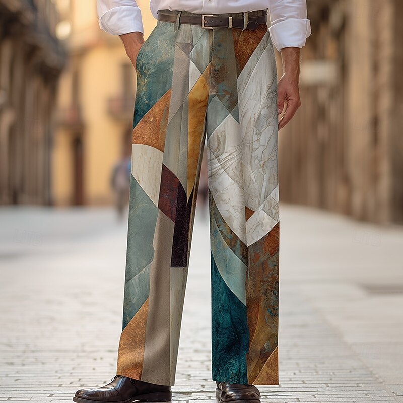 Men's Geometric Color Block Patchwork Trousers Dress Pants Suit Pants Mid Waist Fashion Casual Dailywear Holiday Streetwear Relaxed Fit Flat Front Dress Pants with Side Pockets Spring Fall 3D Print