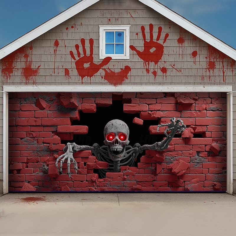 Halloween Garage Door Cover 3D Hole Effect Skeleton with Glowing Red Eyes Banner Haunted House Horror Scene Spooky Backdrop Tapestry for Outdoor Wall Fence Yard Halloween Party Decoration3