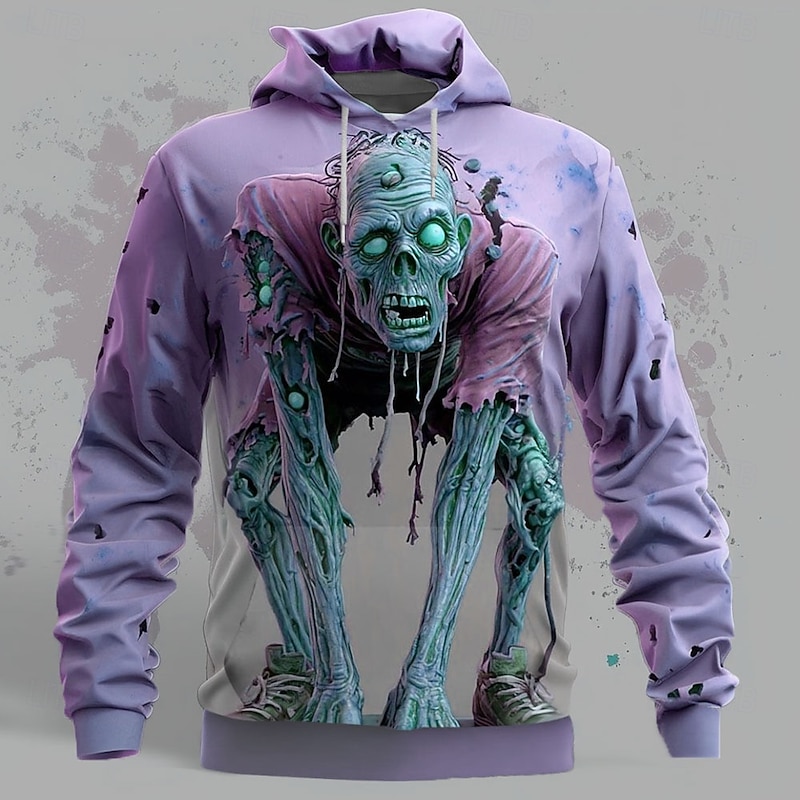 Halloween Men's Zombies 3D Hoodie Sweatshirt Punk Exaggerated Long Sleeve Crew Neck Club Streetwear Light Green Blue Drawstring Fall Winter Designer3