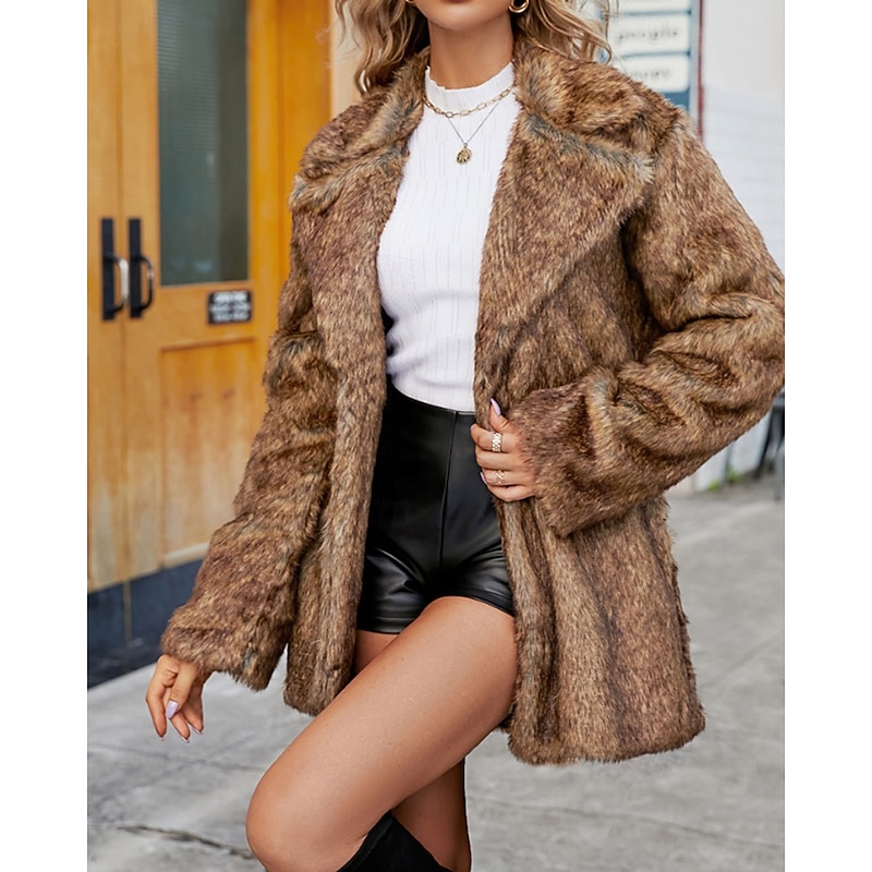 Women's Coat Faux Fur Coat Warm Comfortable Furs & Leathers Casual Plain Street Daily Wear Going out Weekend Long Turndown Regular Fit Long Sleeve Outerwear Brown Fall Winter2