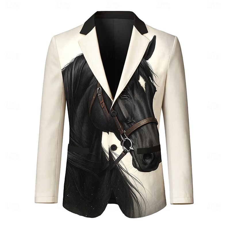 Men's Blazer Jacket Casual Daily Stylish Casual Daily All Seasons 100% Polyester Weaving Animal Horse 3D Print Buttons Comfortable Single Breasted Blazer WhiteA WhiteB White