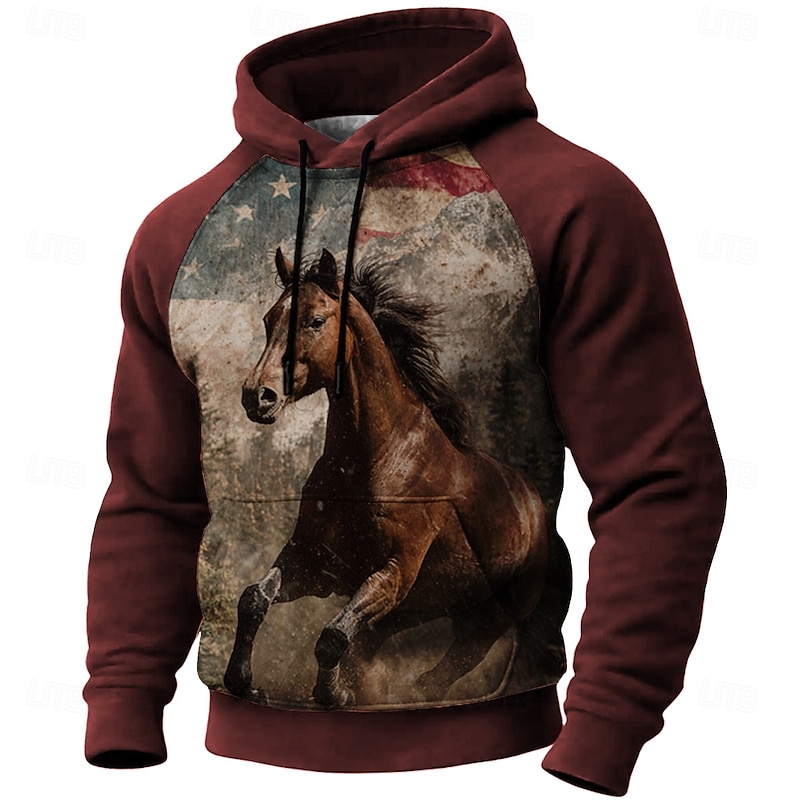 Men's Horse Hoodie Sweatshirt 3D Hunting Hooded Outdoor Sports Outdoor Black Burgundy Raglan Sleeves Fall Winter Designer2