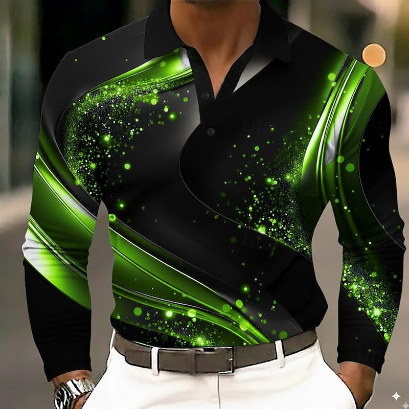 Men's Abstract Geometic Polo Long Sleeve Polo Shirts Lapel Casual Outdoor Street Athleisure Daily Wear 3D Print Buttons Spring Fall Winter Blue Gold Green3