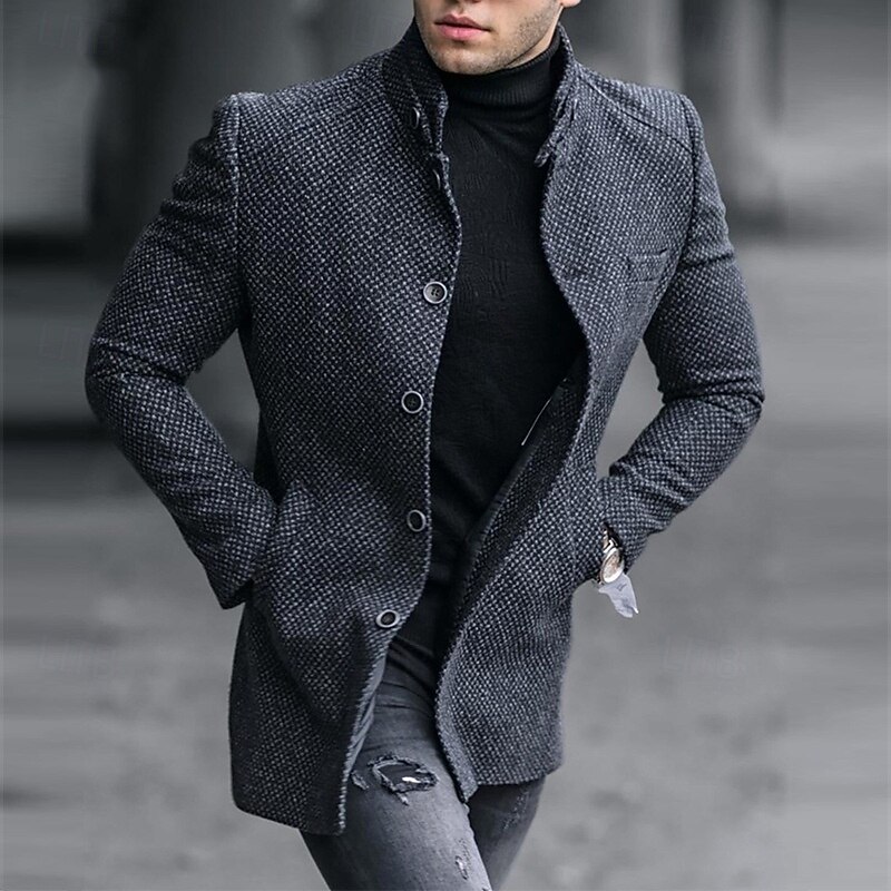 Men's Peacoat Trench Coat Vacation Daily Fall Winter 80% Cotton Warm Outerwear Clothing Apparel Fashion Classic Plain Pocket Standing Collar Single Breasted2