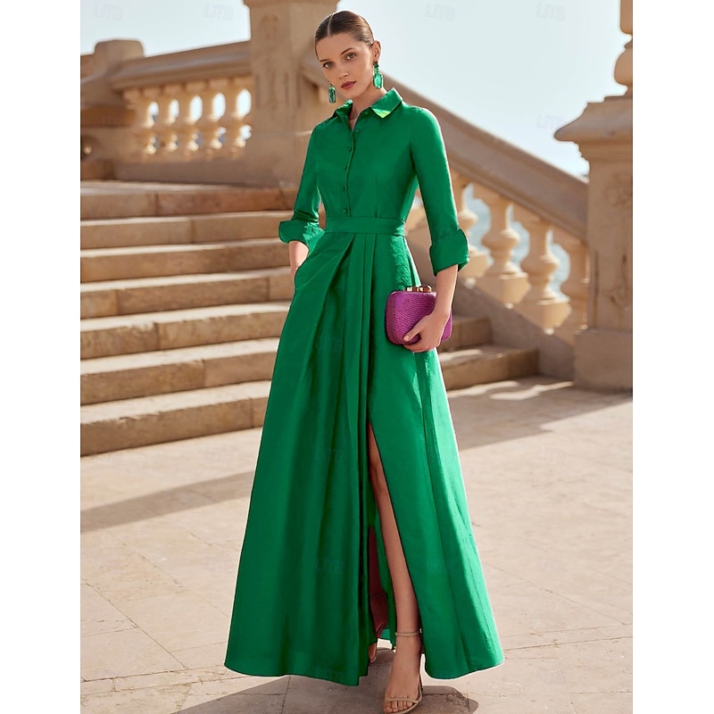 A-Line Mother of the Bride Evening Gown Elegant Dress Formal Wedding Guest Floor Length Long Sleeve Shirt Collar Pocket Satin with Slit