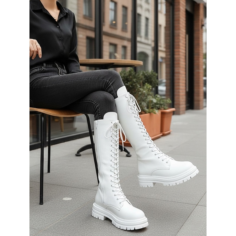 Women's White Lace-Up Knee-High Boots with Chunky Sole  - Stylish and Versatile for Casual or Street Fashion4