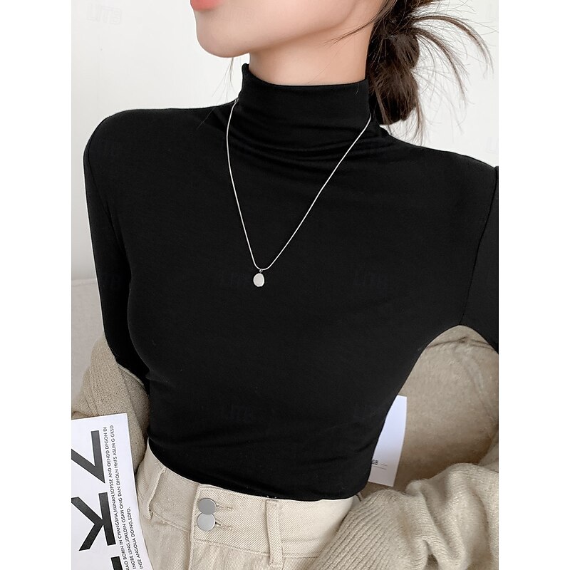 Women's Blouse Solid Color Elegant Stylish Basic Long Sleeve Turtleneck Regular Tops Daily Black White Pink Brown Beige Spring Fall Winter2