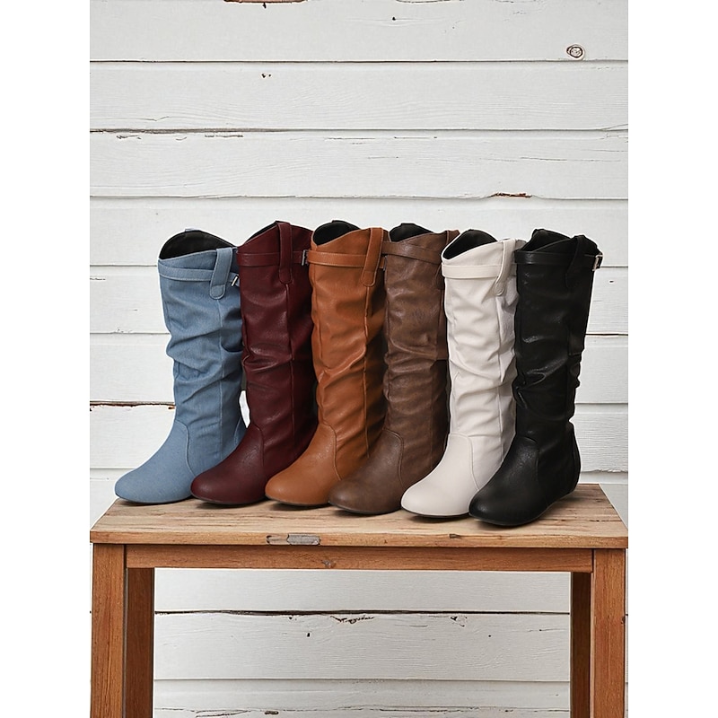 Women's Casual Slouchy Boots – Soft Denim Mid Calf Boots with Side Zipper for Everyday Wear and Travel