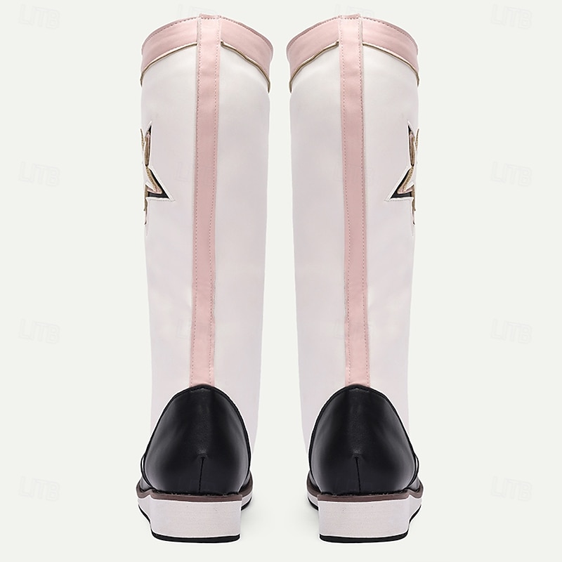 Men's White and Black Tall Lace-Up Cosplay Boots with Pink Star Patch and Contrasting Toe Cap, Unique Costume Style for Performances, Festivals and Themed Parties4