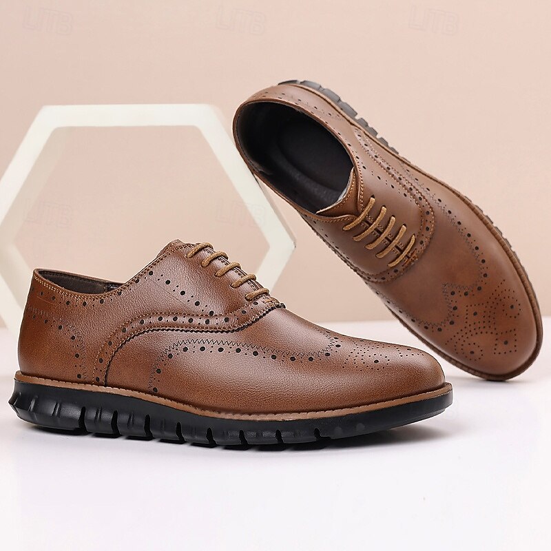 Men's Brown Faux Leather Oxford Shoes – Breathable Lace-Up Dress Shoes with Perforated Detailing for Office and Formal Events3