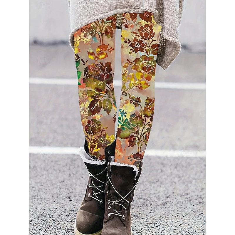 Women's Leggings Vintage Fashion Streetwear Full Length High Waist Floral Graphic Printing Thermal Warm Soft Breathable Stretchy Vacation Street Black Yellow Orange Green Spring Fall Winter Slim Fit3