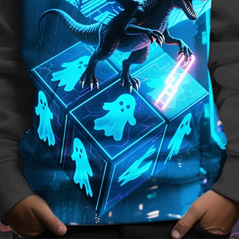 Halloween Boys' 3D Dinosaur Ghost Hoodie Long Sleeve Spring Fall Fashion Streetwear Kids 4-12 Years Hooded Outdoor Casual Daily Regular Fit3